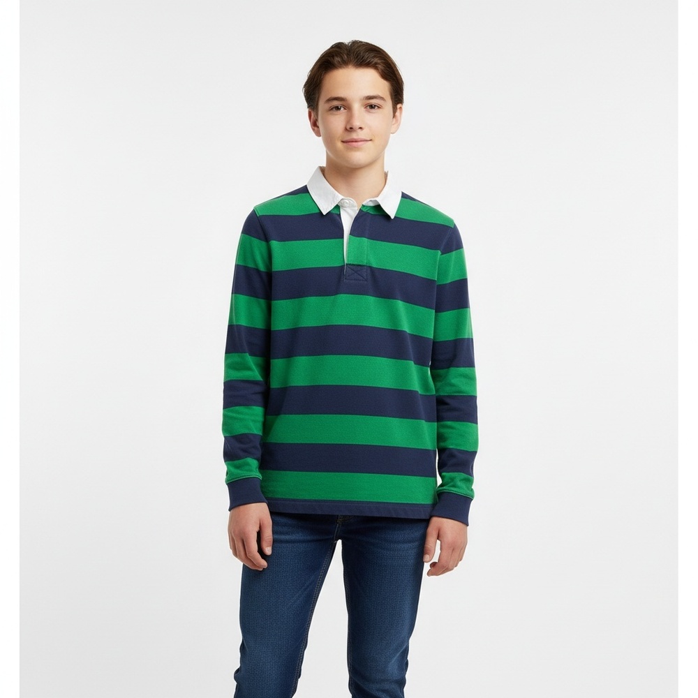 Lands’ End Kids Rugby Polo Shirt L 14/16 Green Navy Stripe Long Sleeve